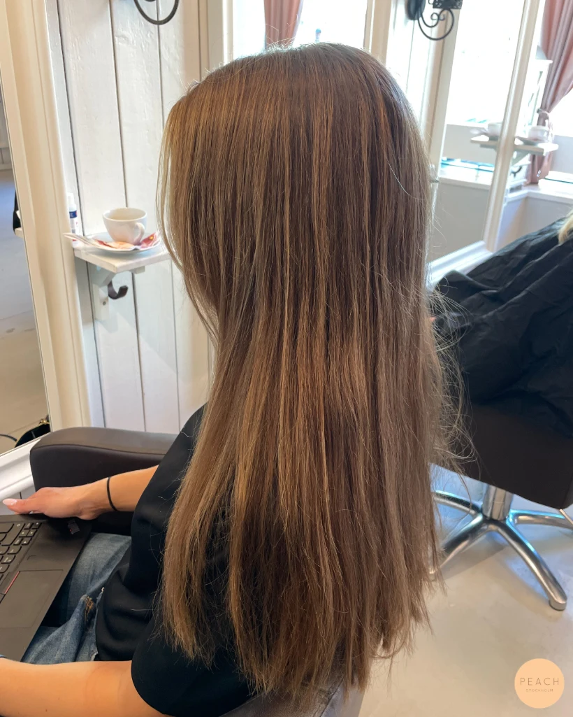 Kall brun hårfärg med slingor och highlights och lowlights