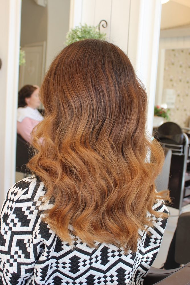 Ombre med chokladbrunt och caramelblond och Olaplex