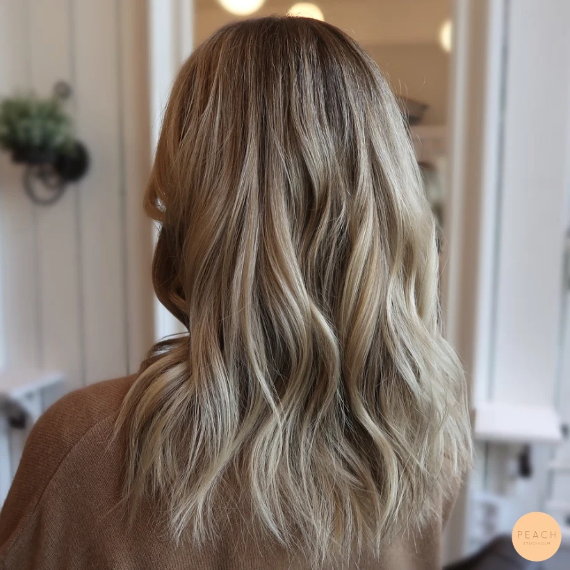Beige blond hårfärg med highlights och lowlights och mjuk gråhårsövergång