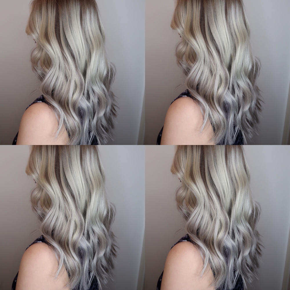 Askblond hårfärg med pastell violetta toppar, trend 2018