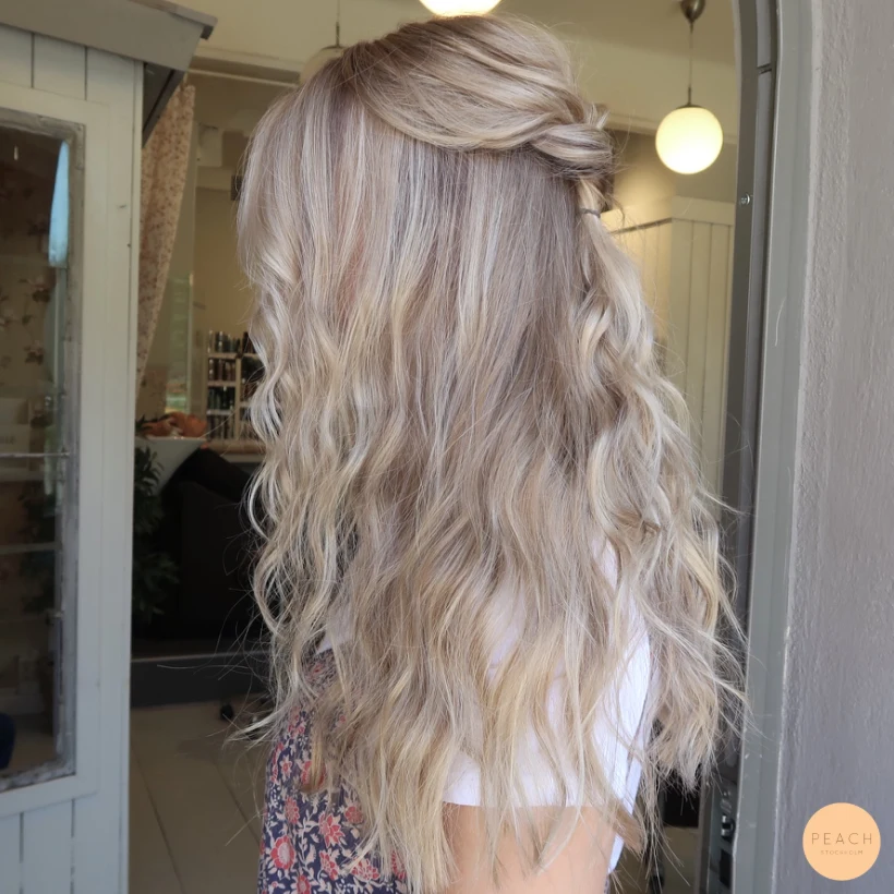 Beige blond hårfärg med ljusa slingor och lowlights och beige toner