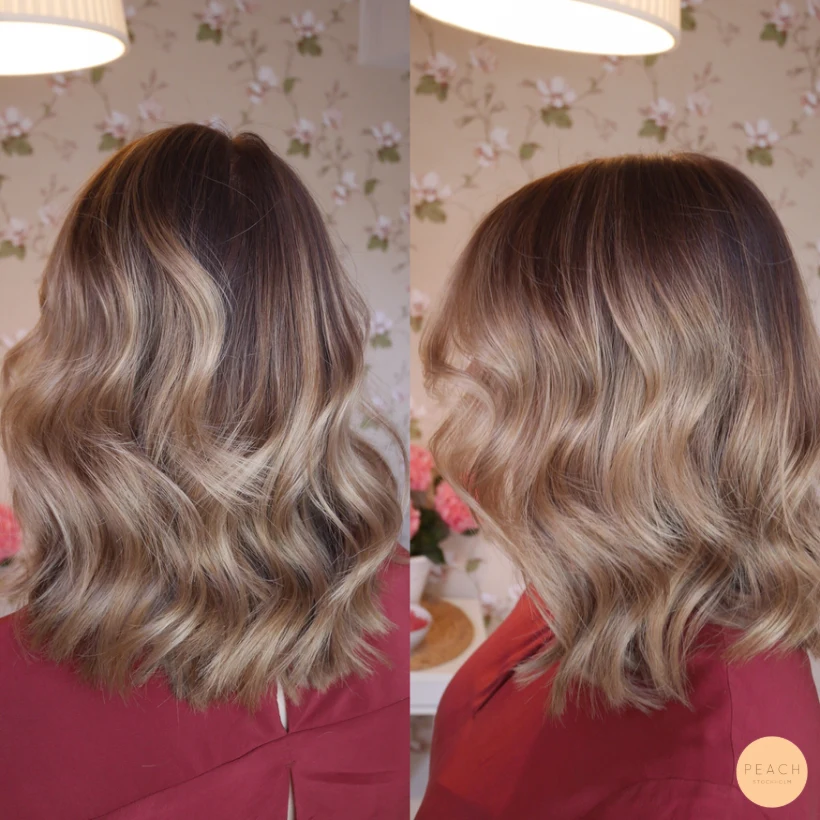 Höstig blond hårfärg med highlights och lowlights
