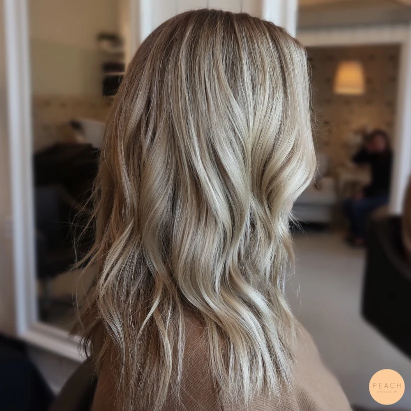 Beige blond hårfärg med highlights och lowlights och mjuk gråhårsövergång