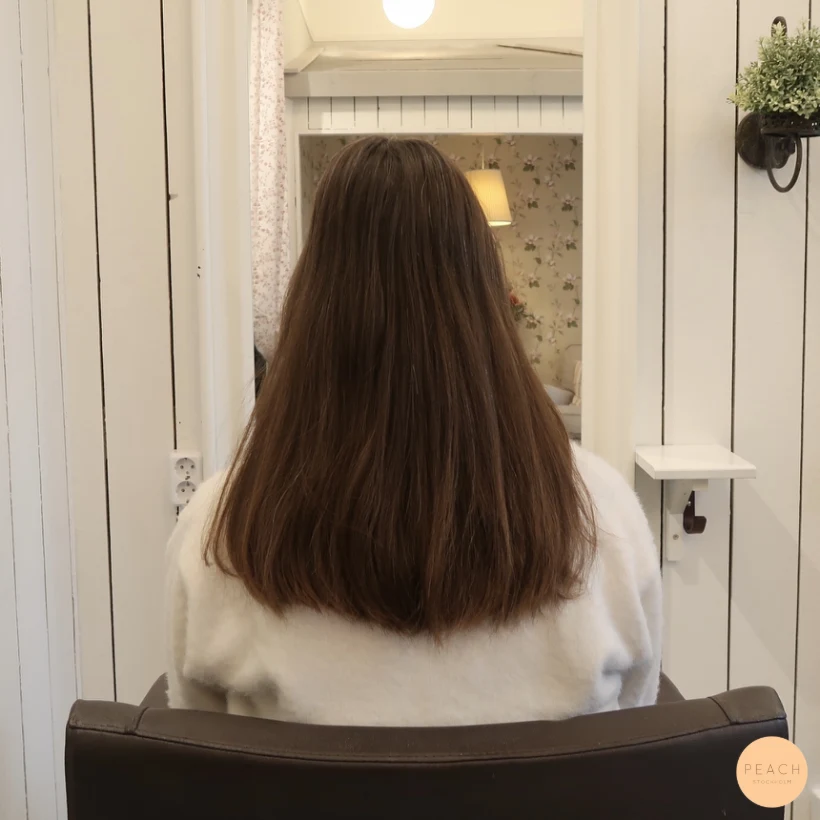 Brunt hår med ljusa slingor och mjuk gråhårsövergång