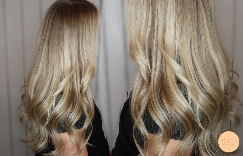 Beige blond hårfärg med slingor och highlights och lowlights