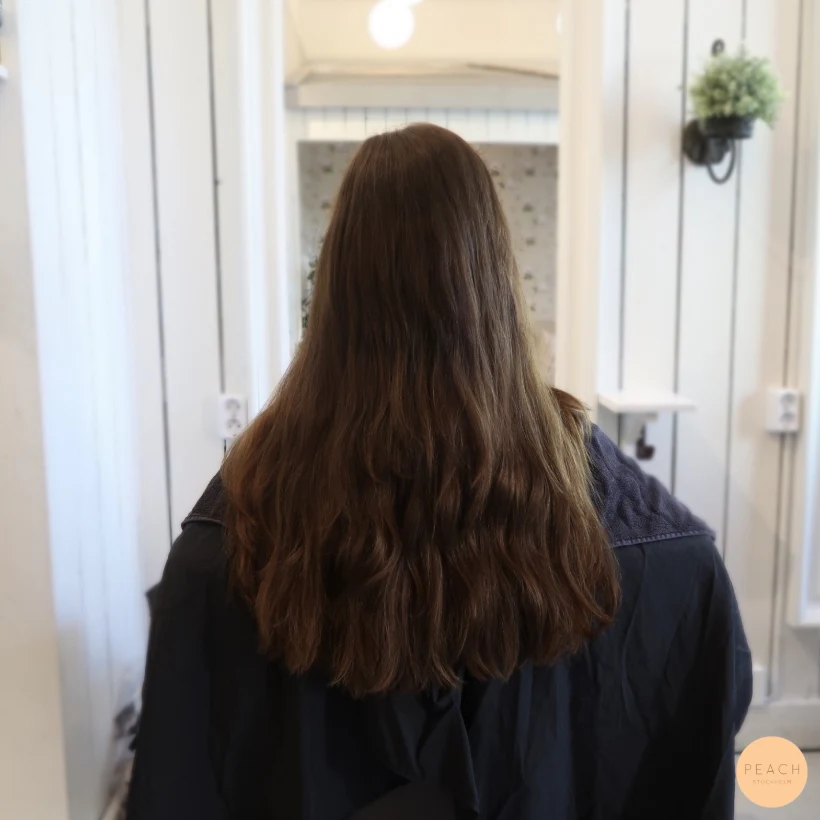 Chokladbrun hårfärg med slingor och extra glans