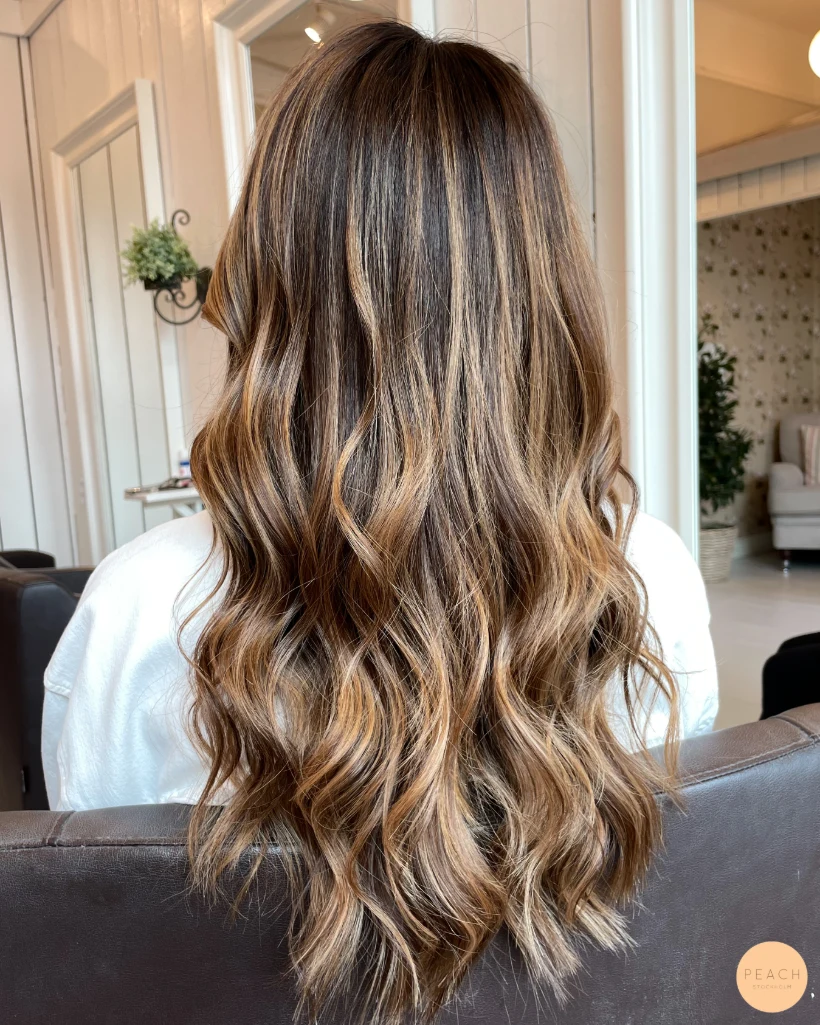 Bronde balayage ljusa slingor i mörkt hår