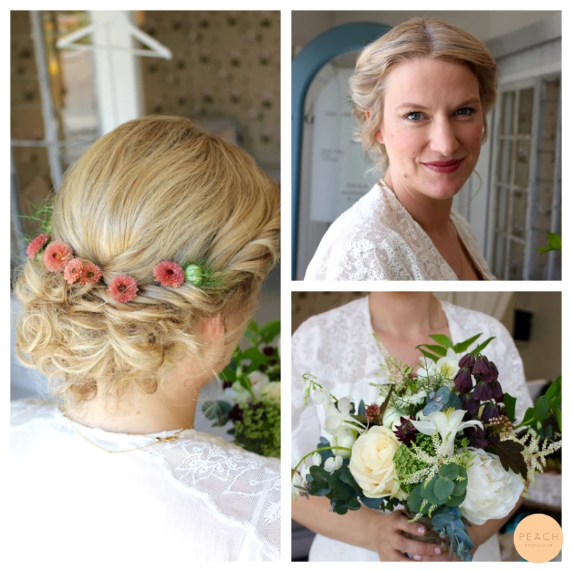 Uppsättning med blommor och bröllopslook