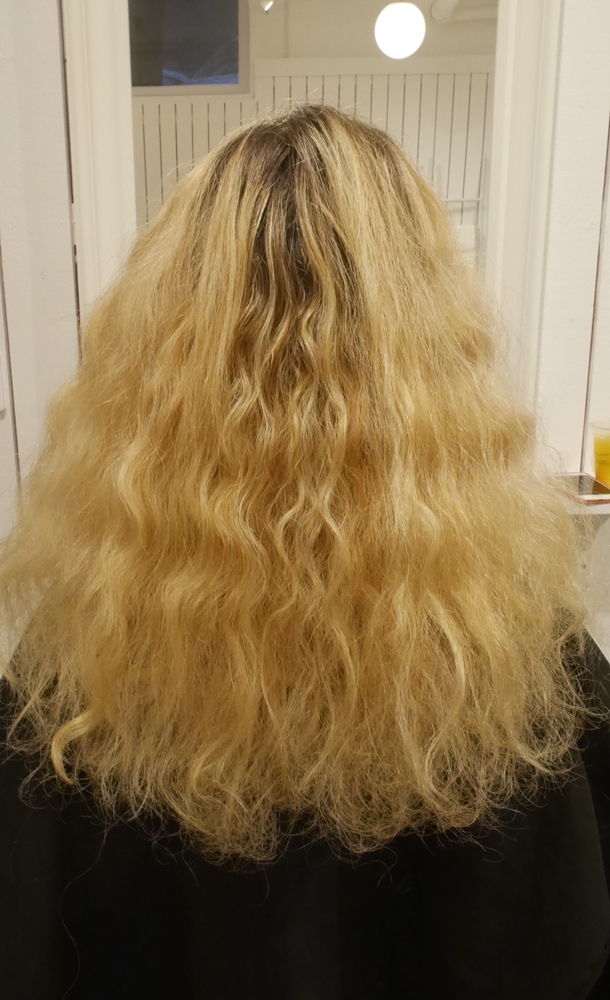 Blond med bruna slingor och ljusa slingor