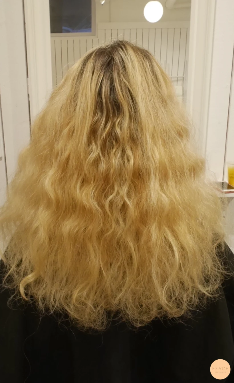 Blond med bruna slingor och ljusa slingor