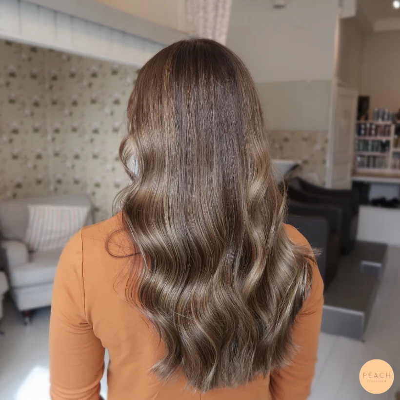 Bronde hårfärg med ljusa slingor och mjuk gråhårsövergång