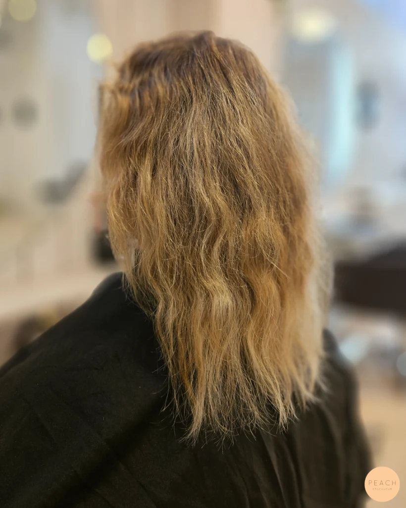 Glossy peach rose hair color