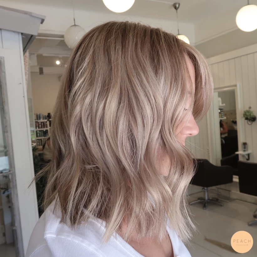 Beige blond hårfärg med highlights och lowlights och ljusa slingor