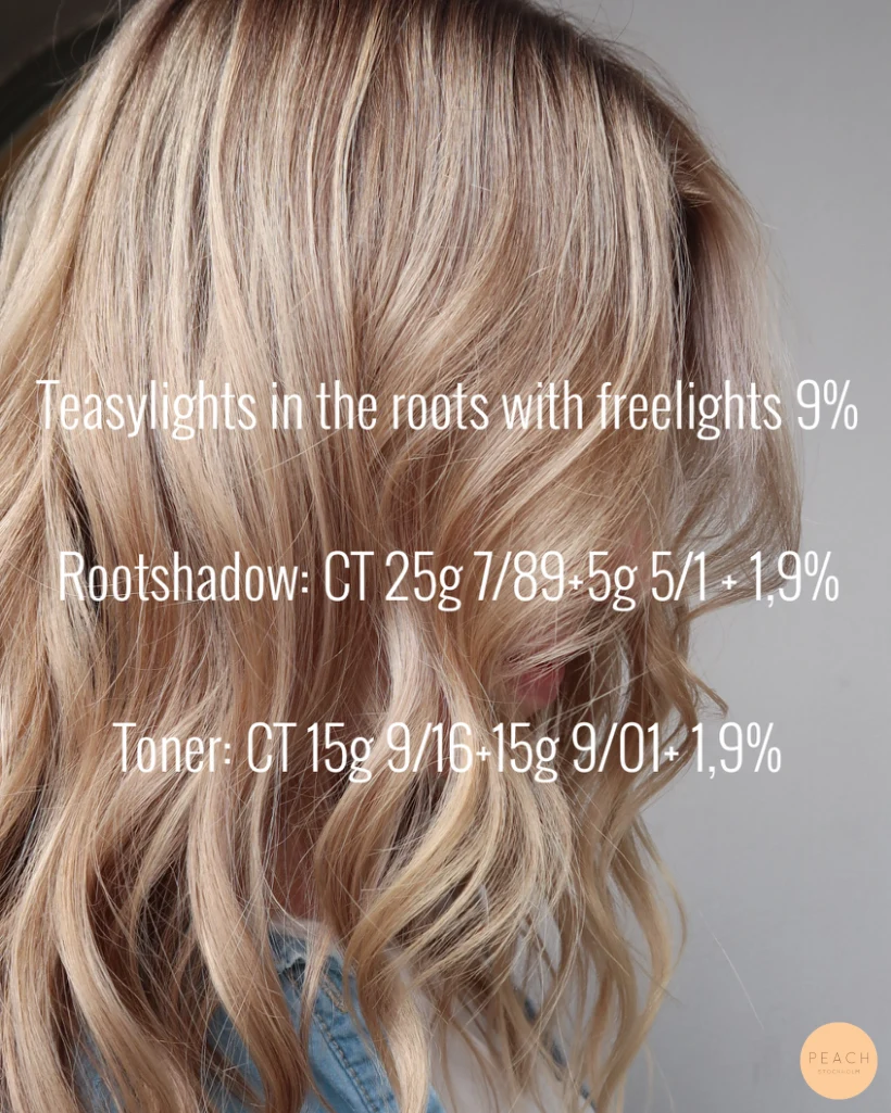 Beigeblond hårfärg med ljusa slingor och rootshadow