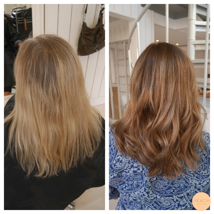 Från blont till brunt hår med mjuk gråhårsövergång