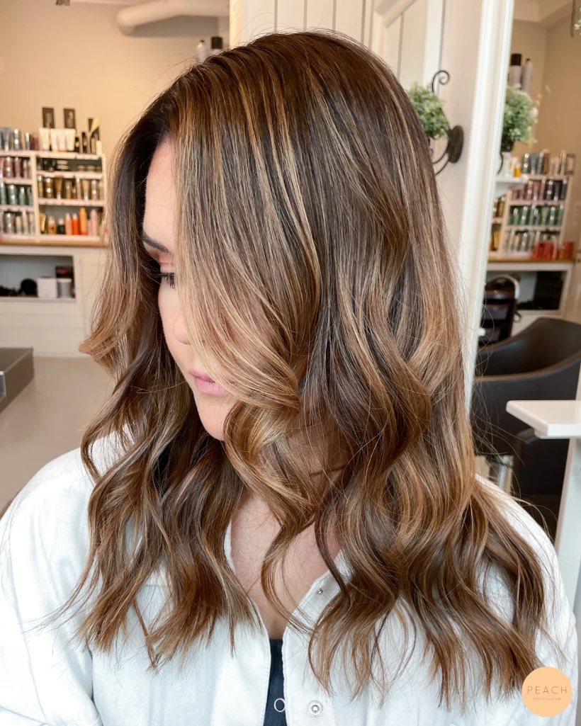 Bronde balayage ljusa slingor i mörkt hår