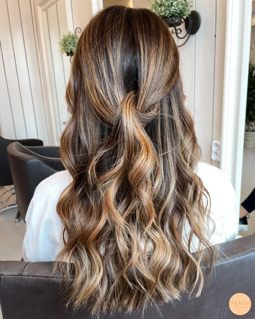 Bronde balayage ljusa slingor i mörkt hår