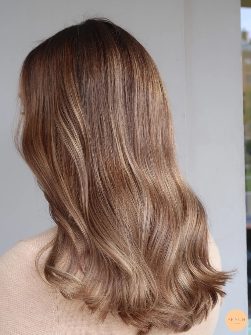 Brunt hår med ljusa slingor och mjuk root shadow