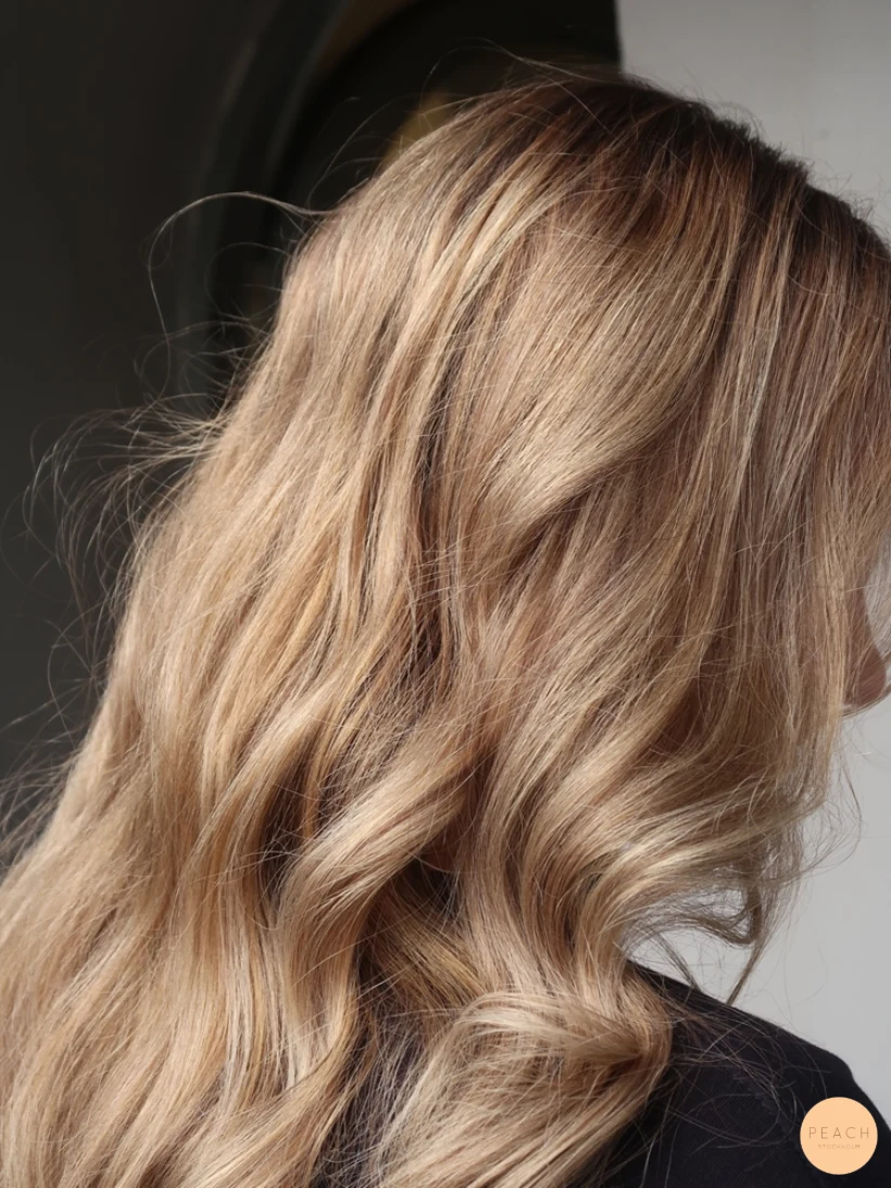 Blond balayage beige slingor på långt hår