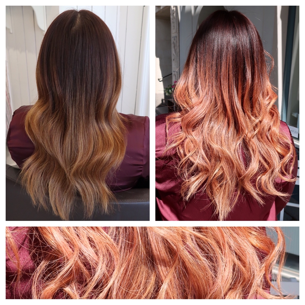 Strawberry gold rosé hårfärg med balayage ombre