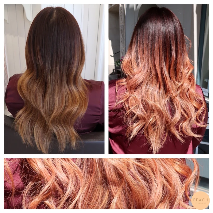 Strawberry gold rosé hårfärg med balayage ombre