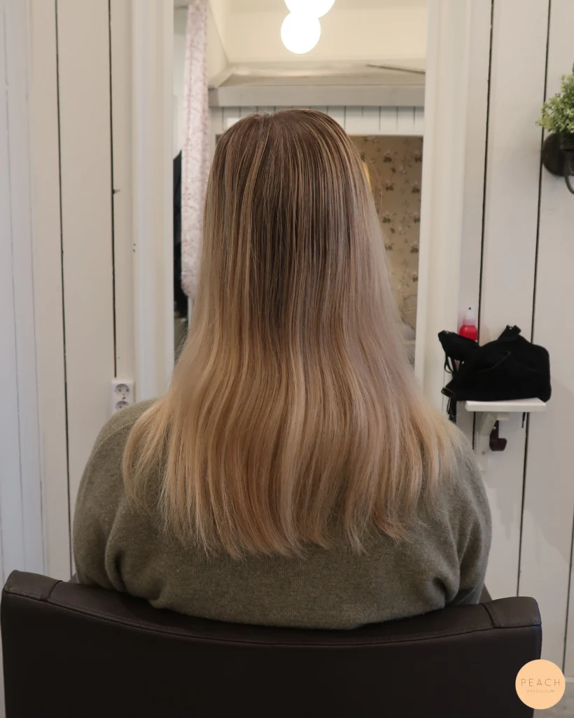 Beige blond hårfärg med mörka och ljusa slingor